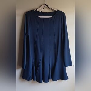 COS DRESS L NAVY BLUE PLEATED MINI DRESS- LONG SLEEVE- FLOWY PEPLUM HEM
